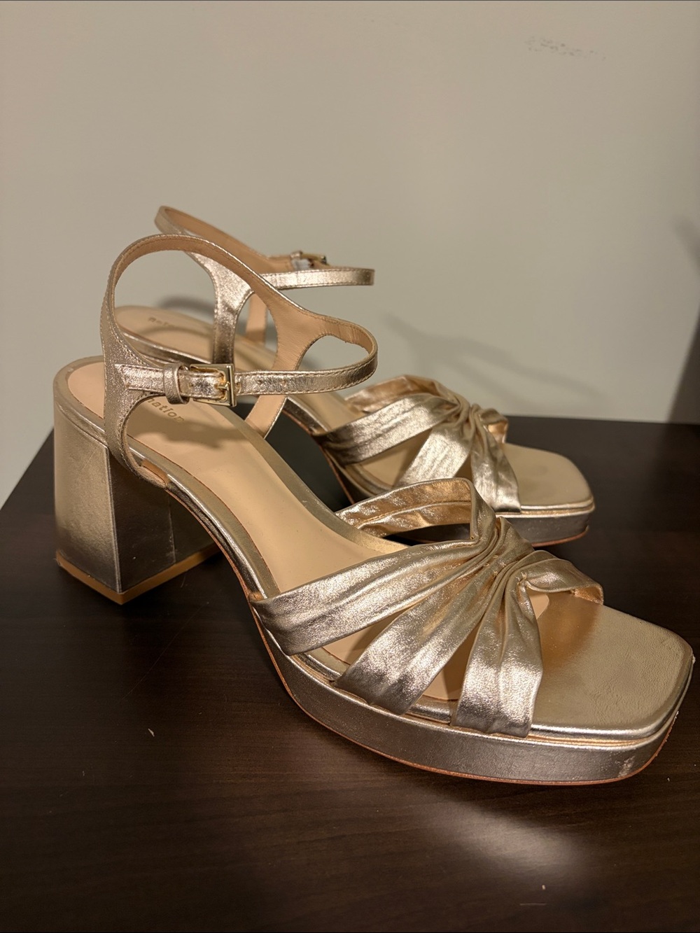 Reformation Metallic Rose Gold Block Heel Sandals